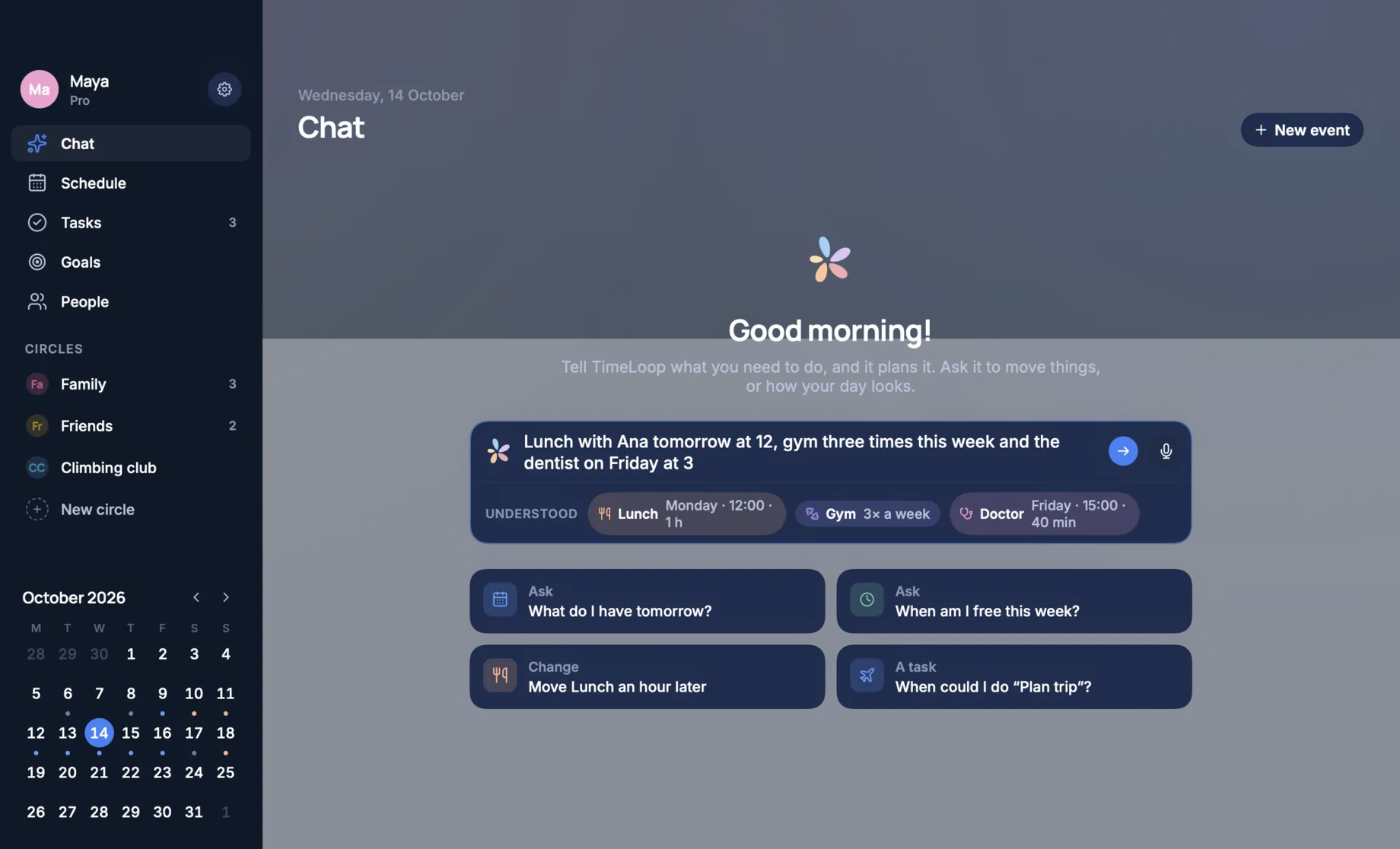 TimeLoop for Mac in dark mode: a sentence typed into Chat, and under it what TimeLoop understood: a lunch, the gym three times a week and the doctor on Friday