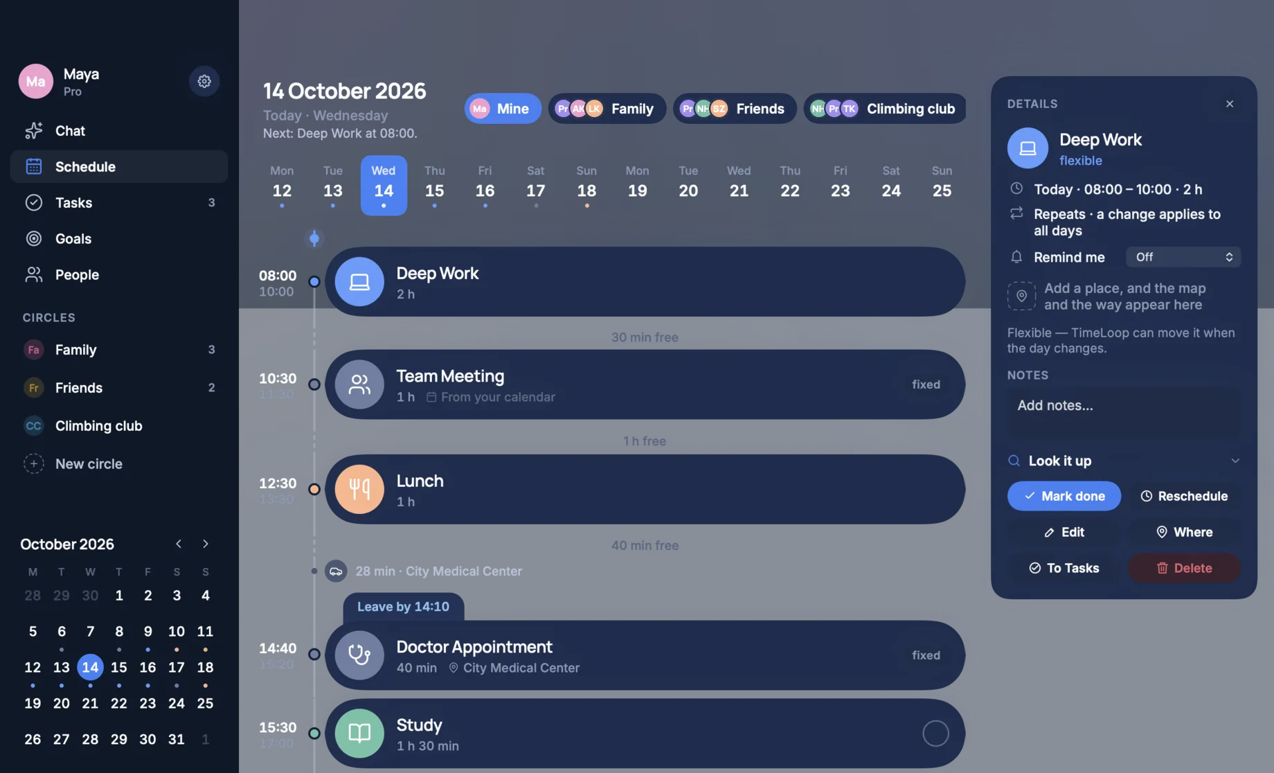 TimeLoop for Mac in dark mode: a full day on its hours with an event open on the right