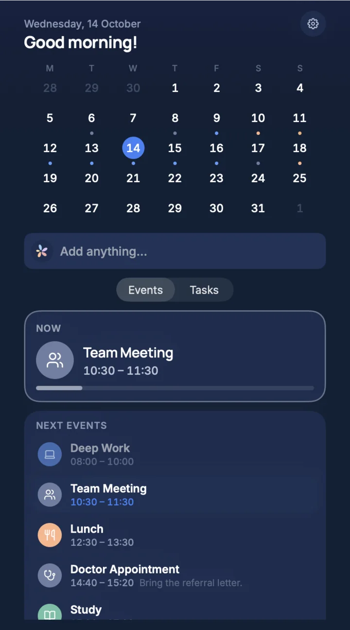 TimeLoop in the Mac menu bar, in dark mode: the month, a line to add anything, the event running now and the events after it