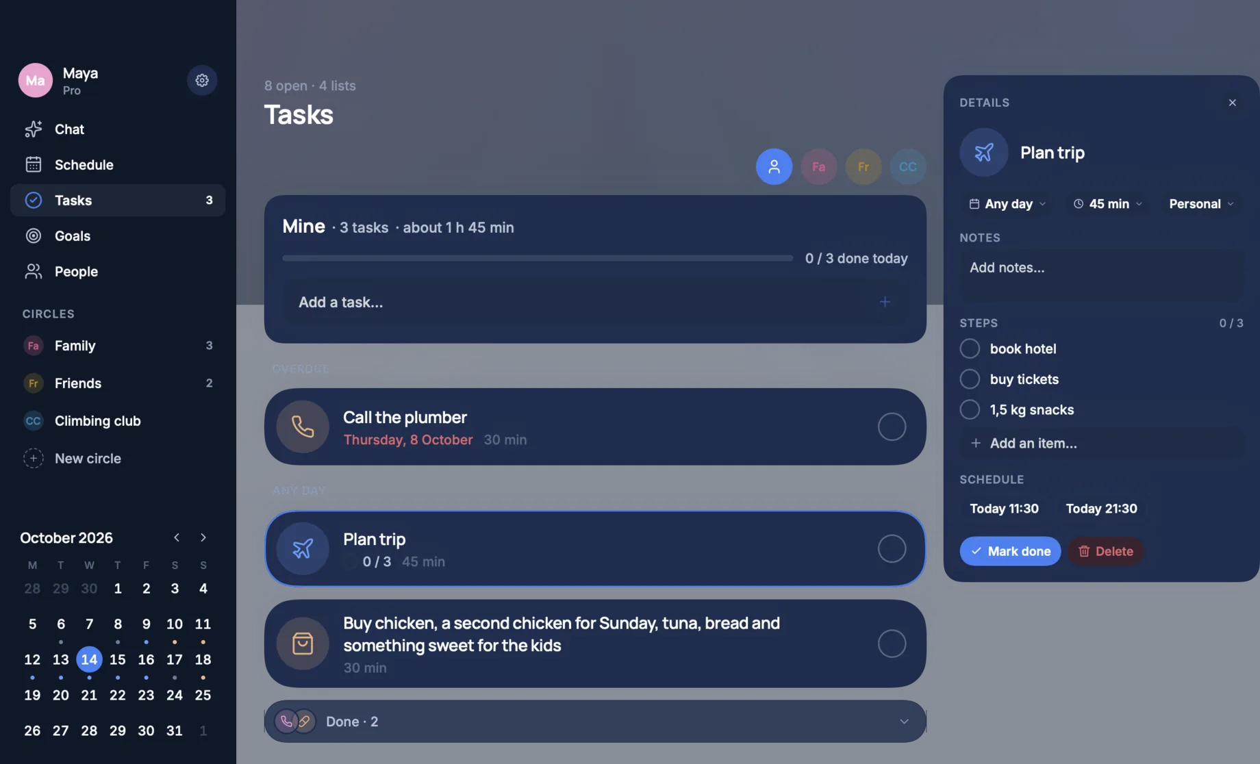 TimeLoop for Mac in dark mode: the task list with a task open on the right, its steps, notes and two free times