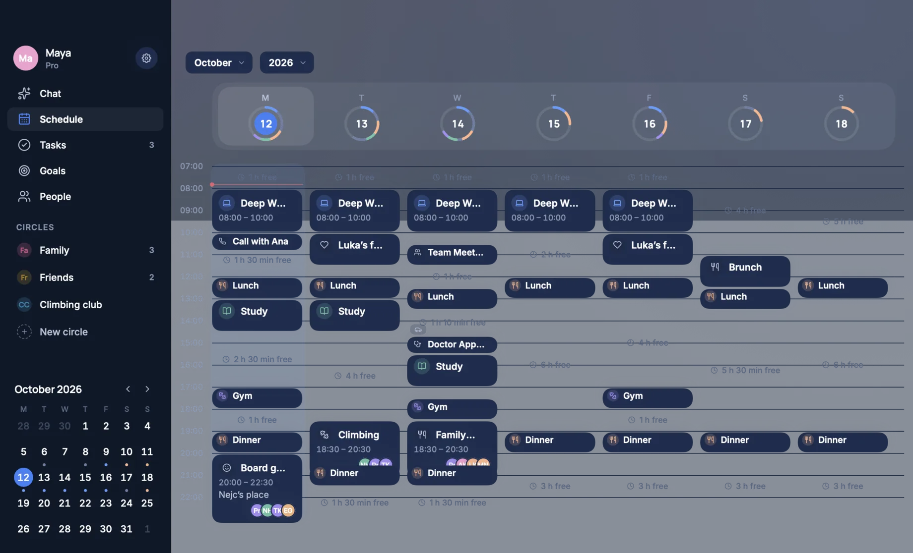 TimeLoop for Mac in dark mode: the week, seven days side by side with their events, the free time between them and a ring on each day