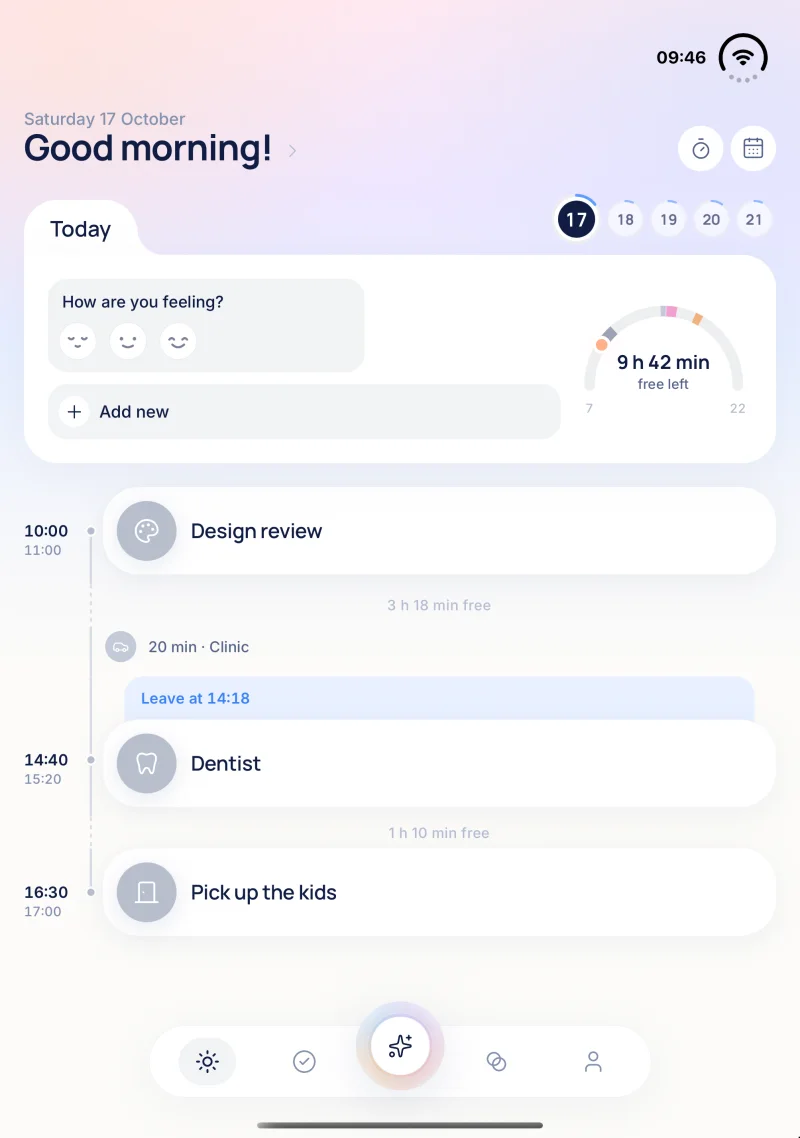 TimeLoop on the inner screen of iPhone Duo held upright: the phone layout with the tab bar at the bottom