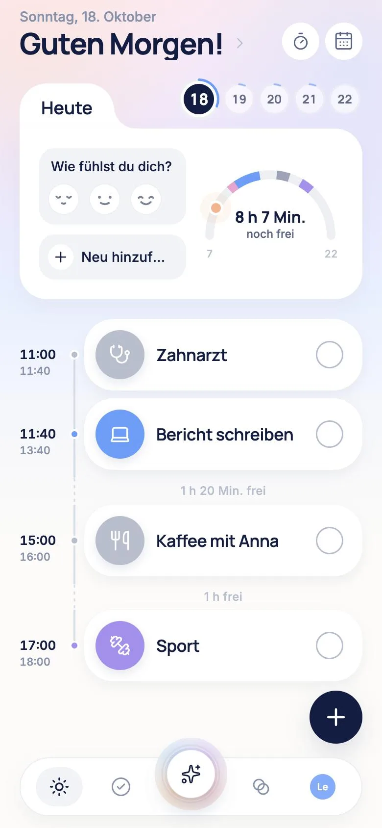 TimeLoop in German: Today with the dentist at 11:00, two hours on a report, coffee with Anna and sport