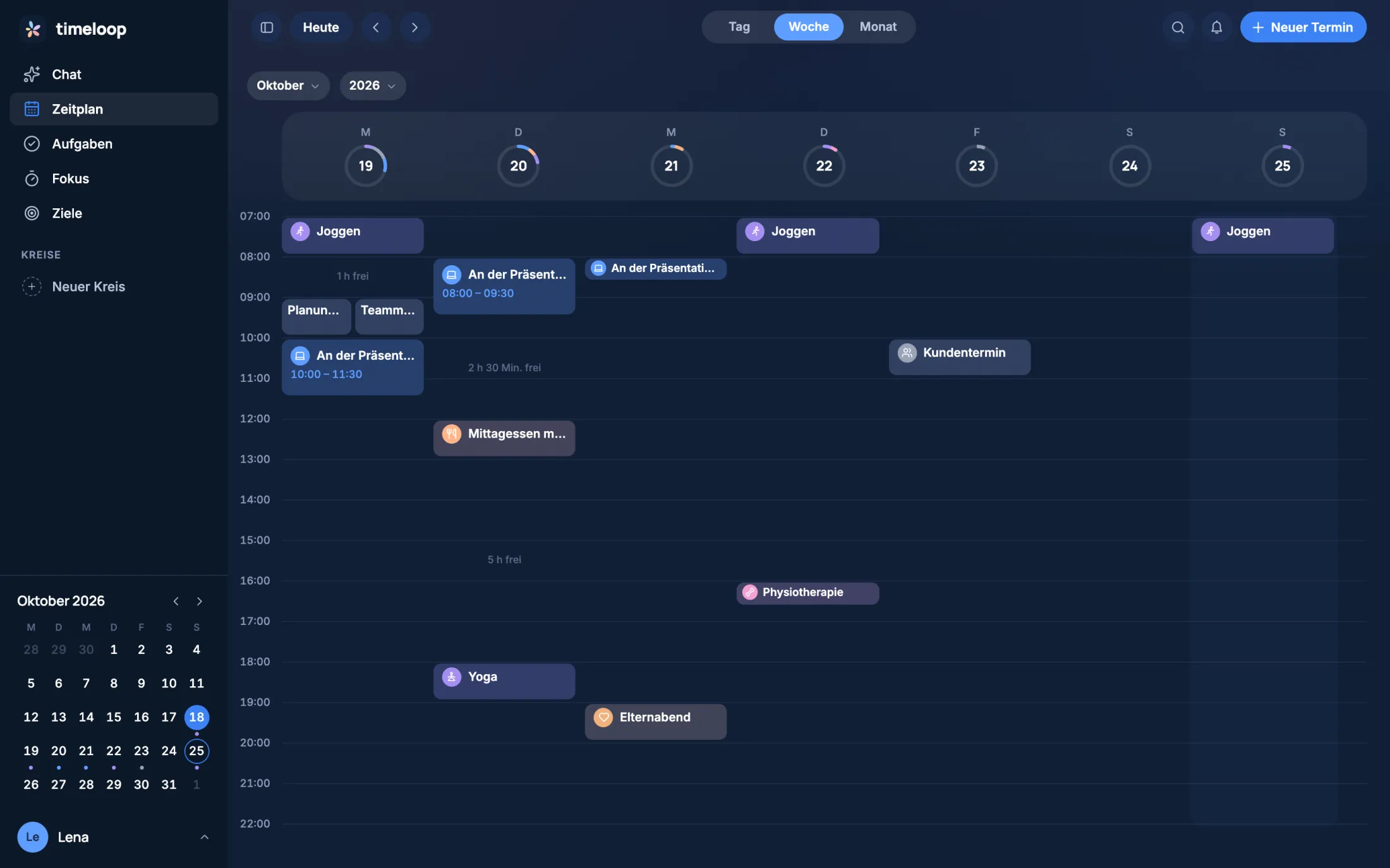 TimeLoop in German in a desktop browser, dark: the week with its runs, a presentation split into blocks, meetings and Yoga