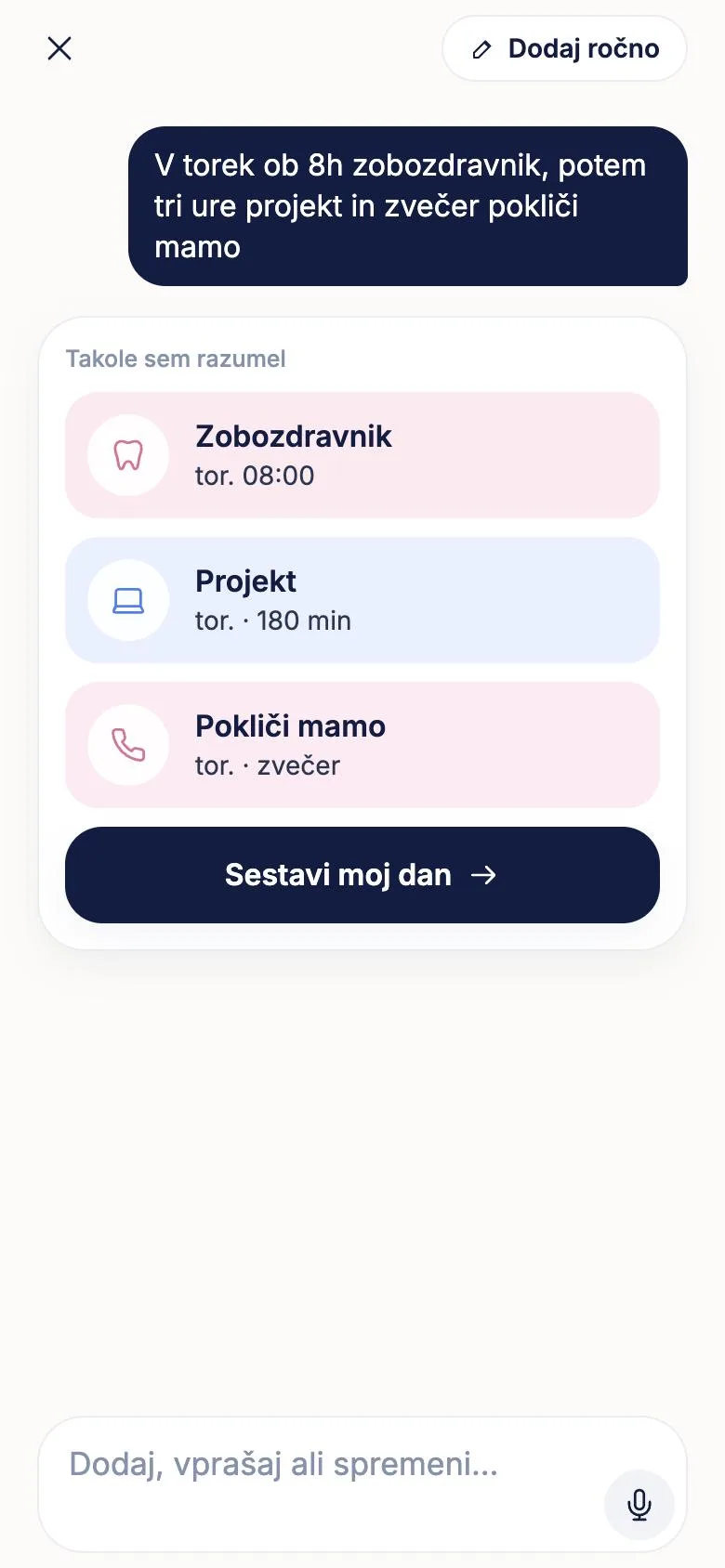 TimeLoop in Slovenian: a sentence typed in the chat, and what TimeLoop understood of it