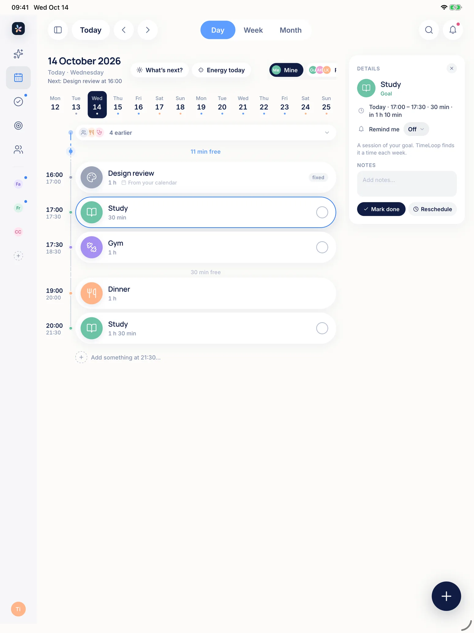 TimeLoop on an iPad held upright: today on its hours, the sidebar folded to its icons and the details of a study session beside the day