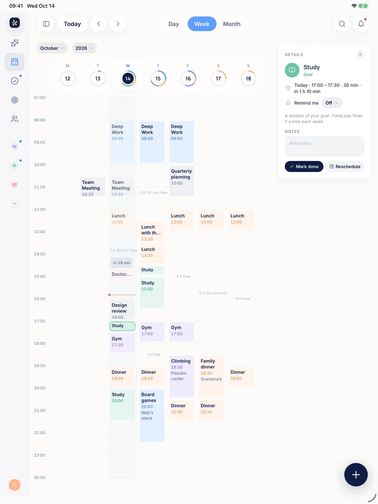 TimeLoop on an iPad held upright: the week, seven days side by side with their events, a ring on each day and the same session open beside them