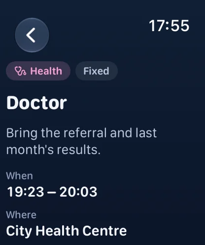 An event on Apple Watch: Doctor, marked Health and Fixed, a note to bring the referral, from 19:23 to 20:03 at City Health Centre