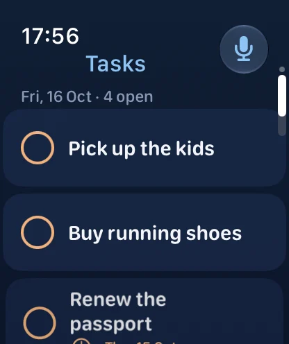 Tasks on Apple Watch, Friday 16 October with 4 open: Pick up the kids, Buy running shoes and Renew the passport, each with a round checkbox